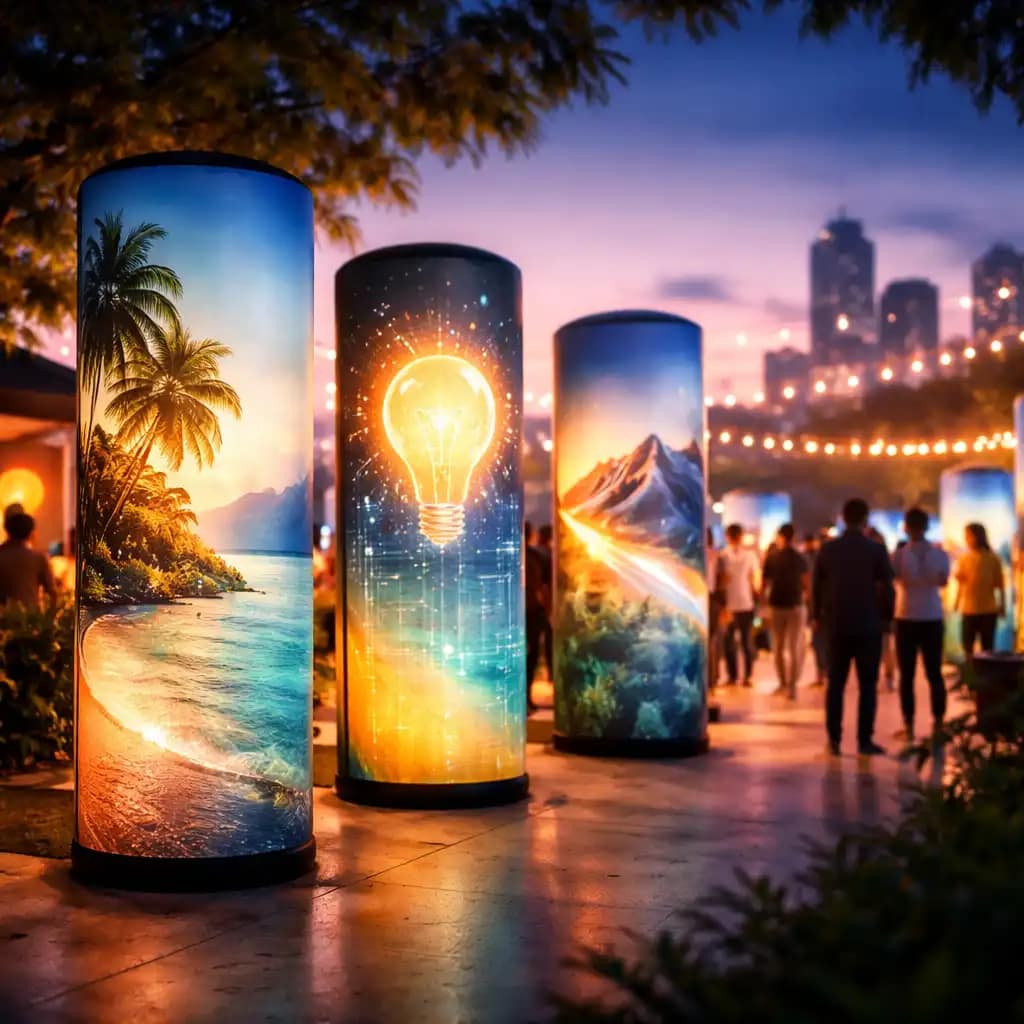 WaveLight Air Towers trade show display with vibrant LED backlit branding in a busy event booth