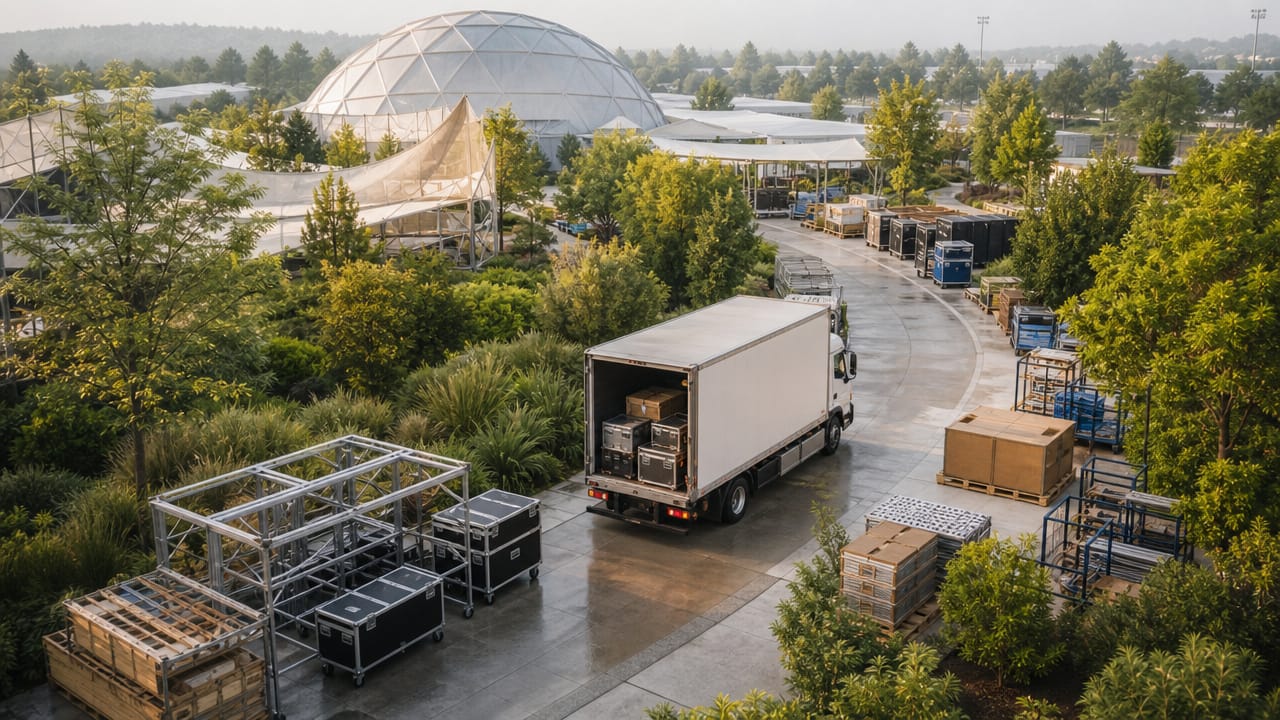 Event crew organising return freight after an Australian exhibition, focusing on secure labelling and post-event transport.