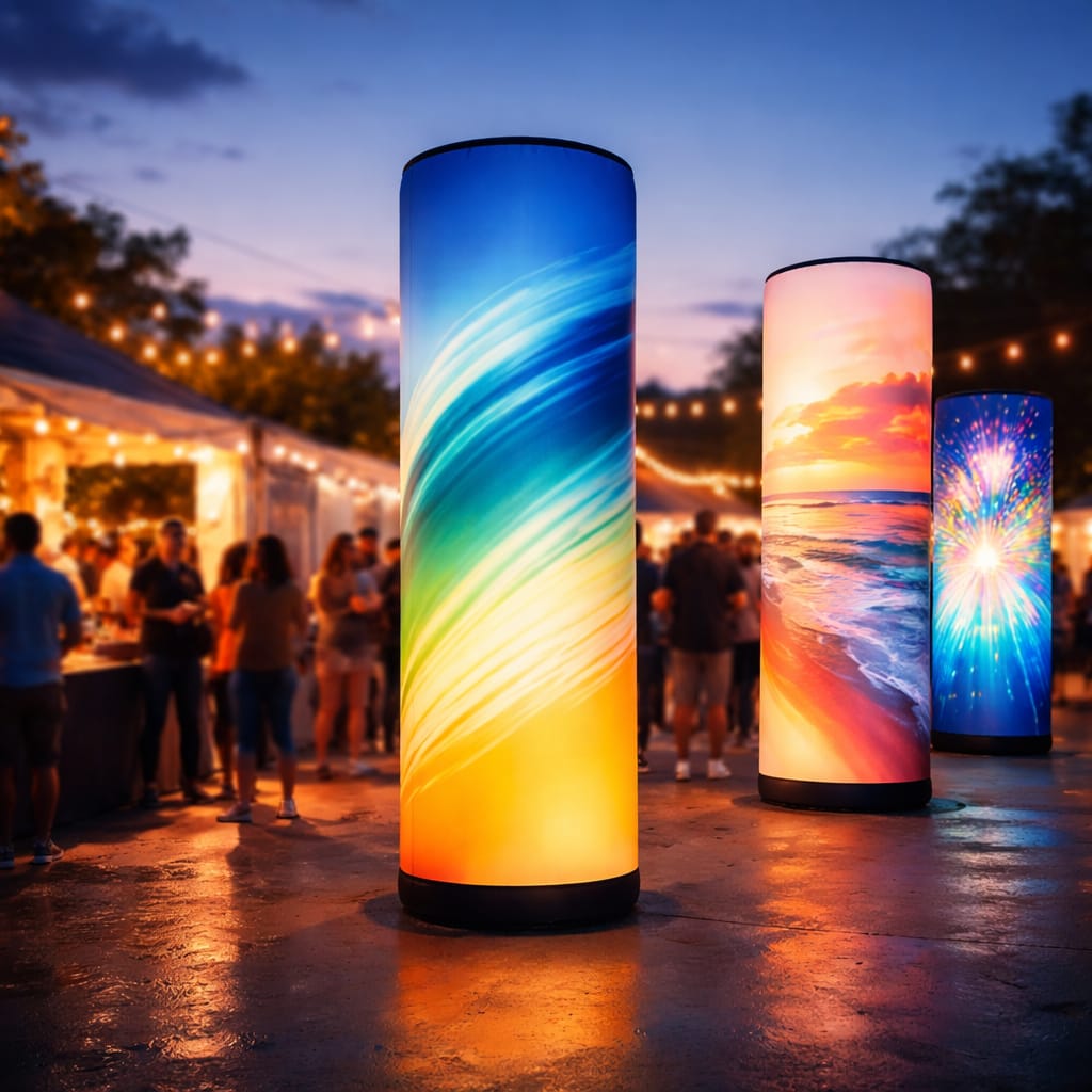 WaveLight Air Towers at an event with vibrant backlit graphics and branding