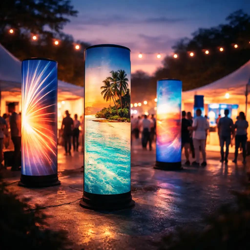 Trade show booth using WaveLight towers as backlit inflatable trade show towers for branding impact