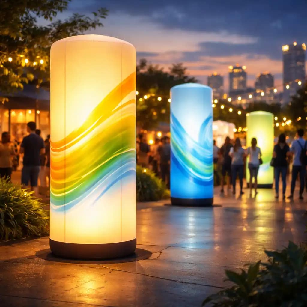 WaveLight Air Towers with LED backlighting highlighting branded graphics at a busy trade show