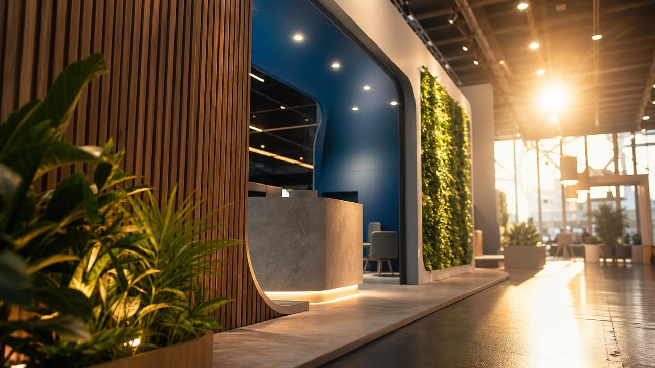 Modern sustainable exhibition stand with clear messaging and visitor engagement zones for Australian trade shows
