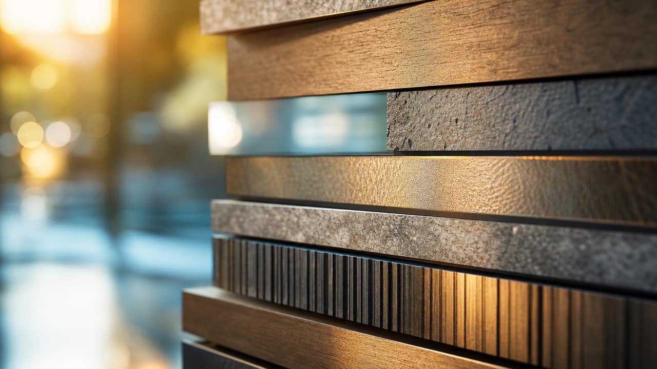 Textured Australian exhibition stand with layered surfaces and warm lighting creating visual depth