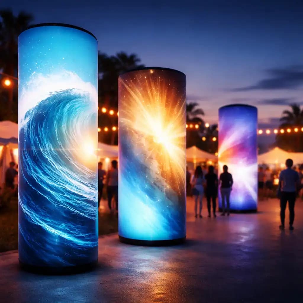 WaveLight Air Towers as LED illuminated event towers creating 360-degree branded visibility at a trade show