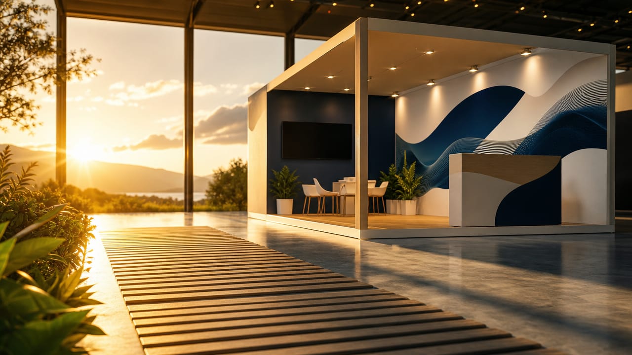 Trade show shell scheme graphics using back wall and side panels for branding in Australia