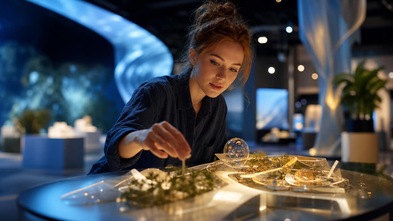 Immersive exhibition stand with digital screens, lighting and sustainable materials in an Australian trade show hall