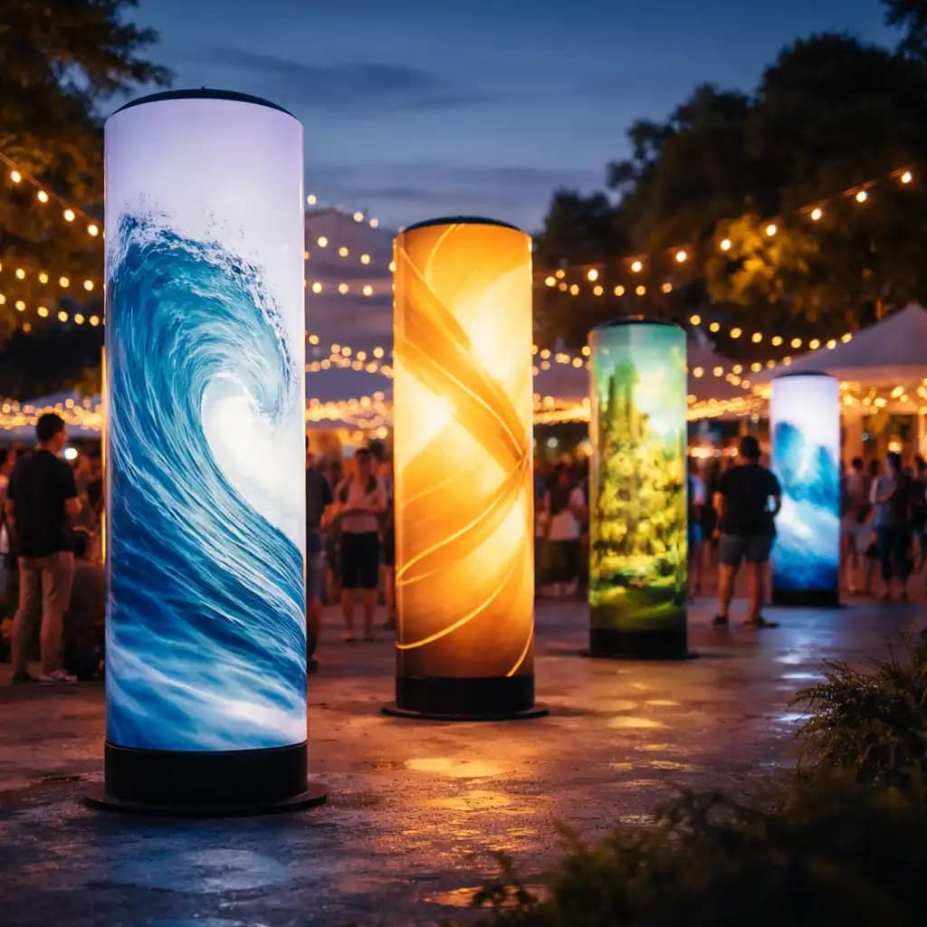 WaveLight Air Towers with custom printed event air towers graphics creating illuminated brand presence at a trade show
