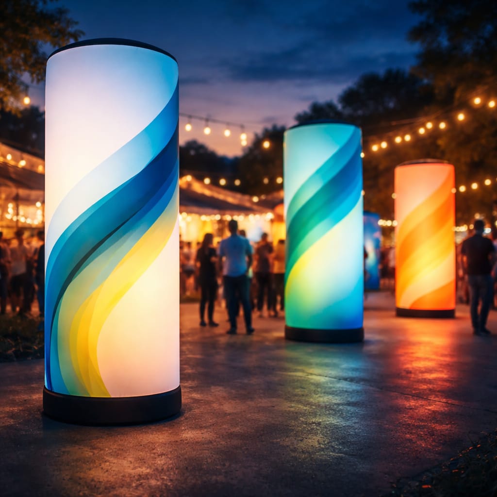 WaveLight Air Towers inflatable backlit towers showcasing branded graphics at a trade show