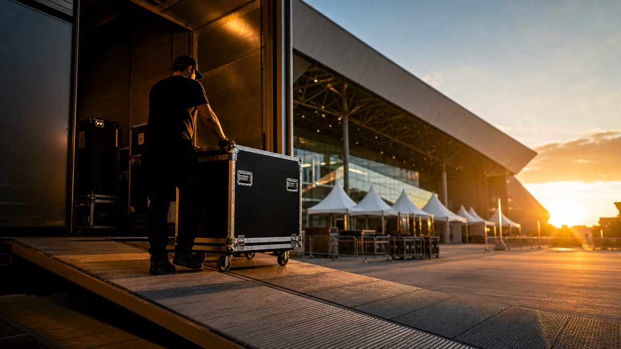 Loading dock operations team coordinating exhibition freight access and truck movements at an Australian venue