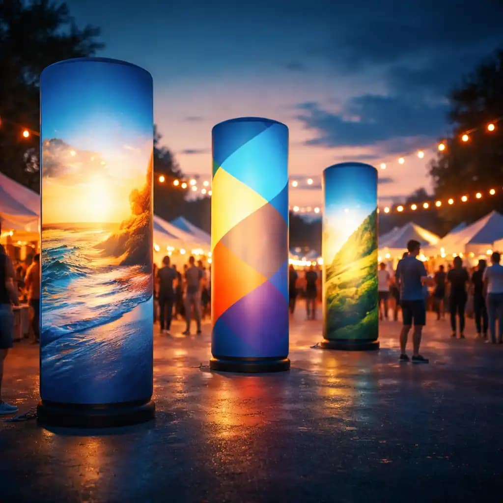 WaveLight Air Towers used as illuminated inflatable brand pillars at a busy trade show entrance