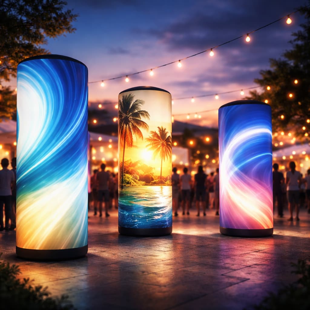 WaveLight Air Towers glowing at a trade show booth