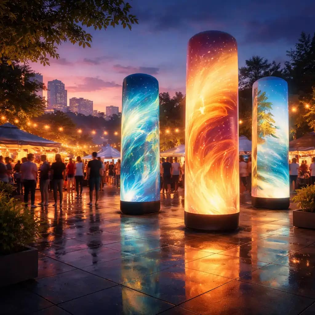 WaveLight Air Towers used as illuminated inflatable signage solutions at a busy trade show