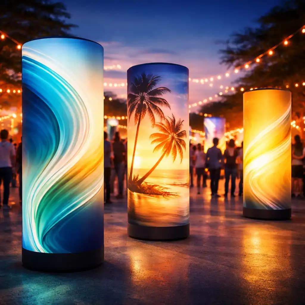 WaveLight Air Towers with 360 degree illuminated signage enhancing brand visibility at an indoor event