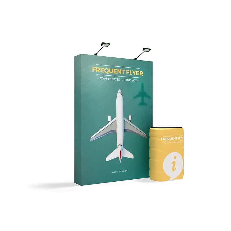 OneFabric Pop-Up Banner showcasing a frequent flyer promotion, ideal for enhancing booth design at trade shows.