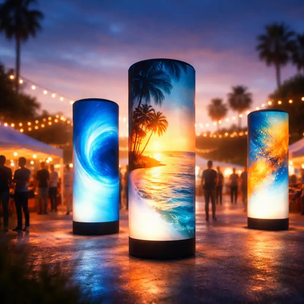 WaveLight Air Towers used as LED-lit inflatable signage for trade show brand visibility