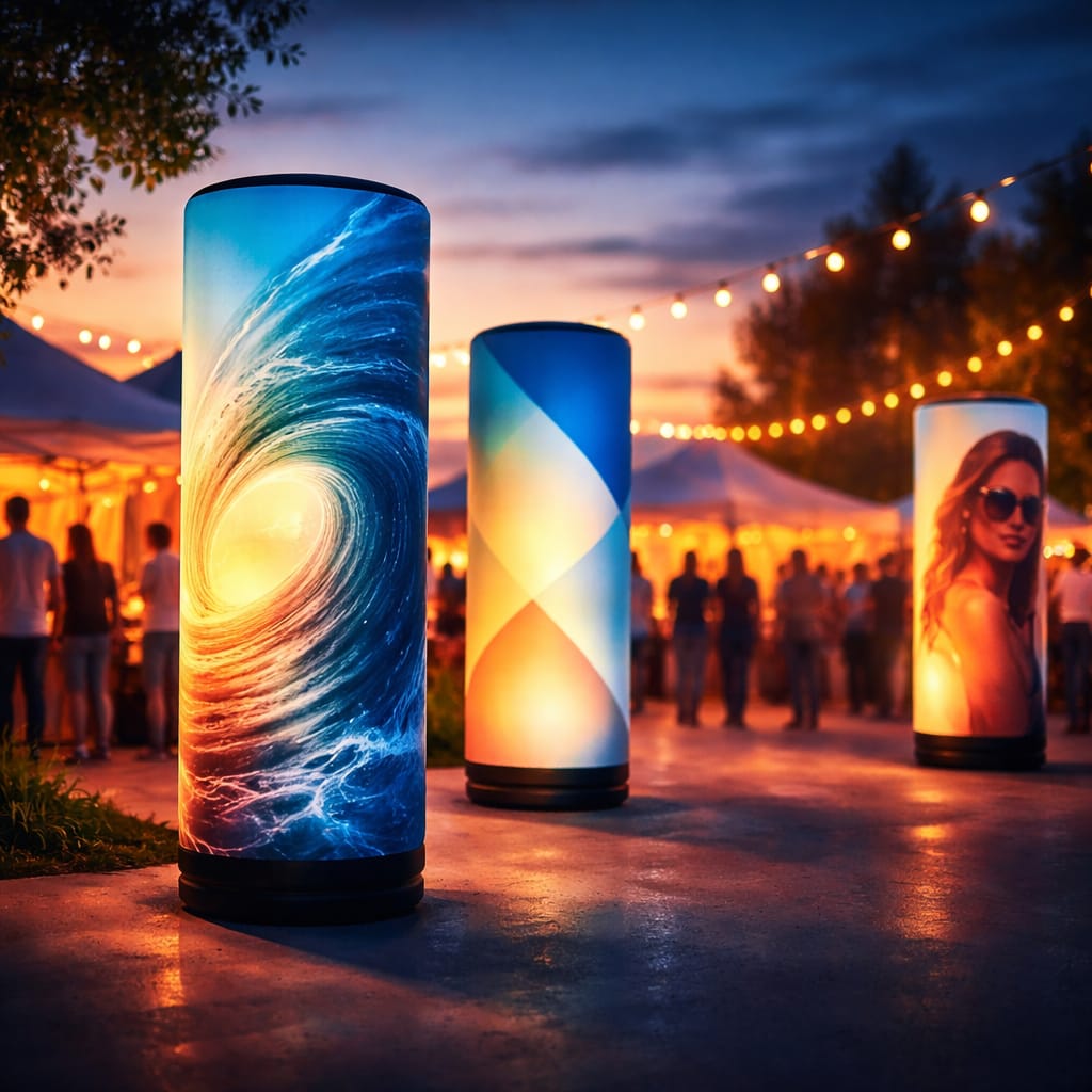 WaveLight Air Towers showcasing bright 360-degree inflatable branding at a trade show