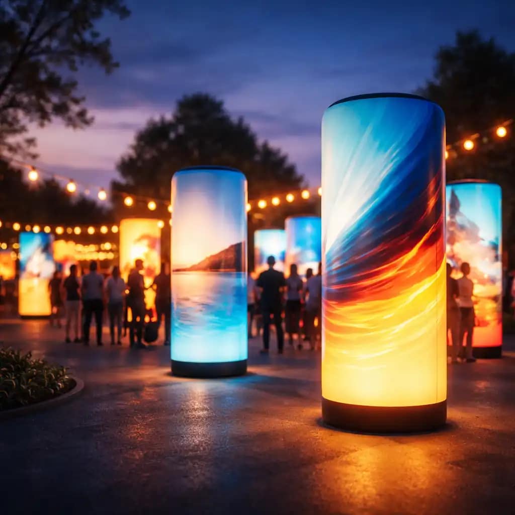 WaveLight Air Towers creating illuminated 360-degree inflatable branding at a busy trade show