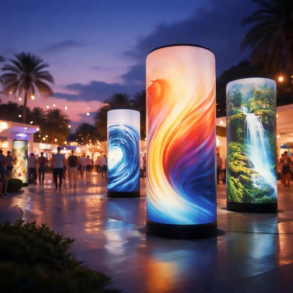 WaveLight Air Towers at a trade show booth providing 360-degree illuminated branding and portable backlit visibility