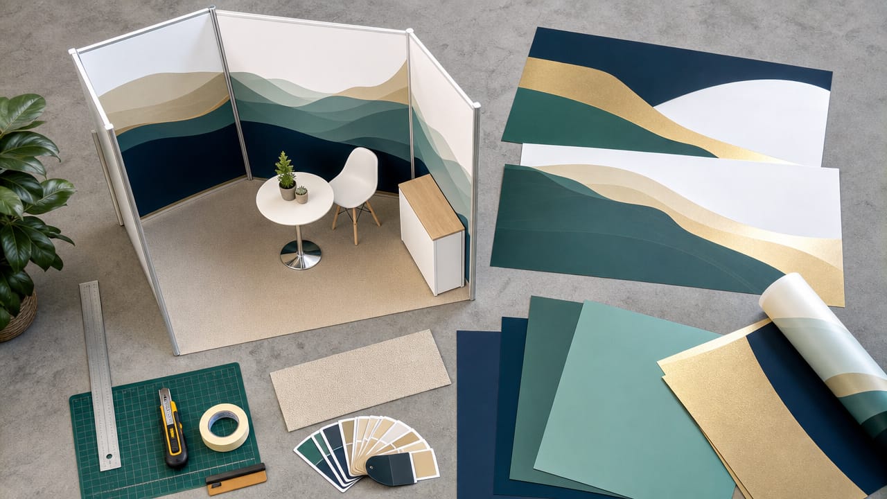 DIY shell scheme wall graphics transforming a standard exhibition booth into a branded display in Australia