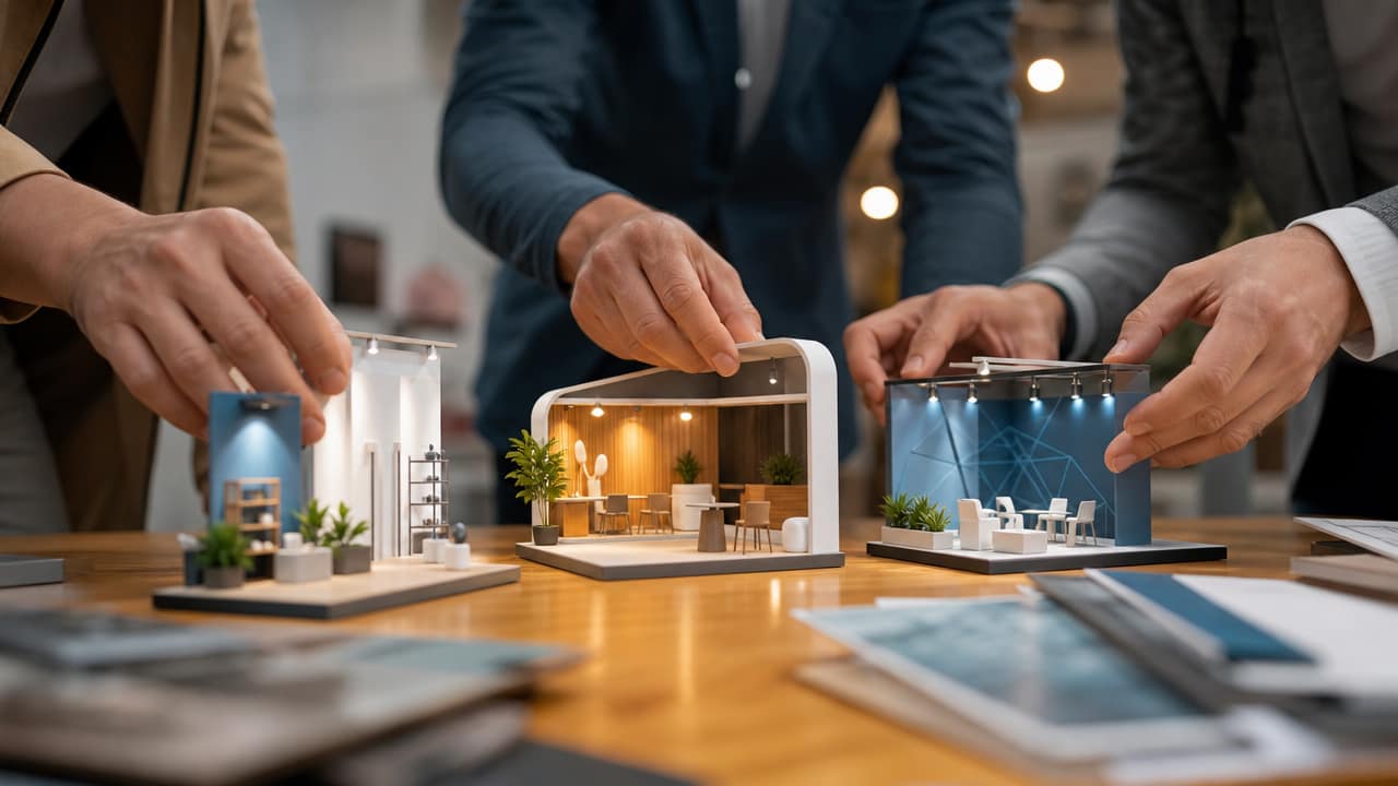 Exhibitors reviewing exhibition stand quotes and layouts to optimise Australian trade show budget