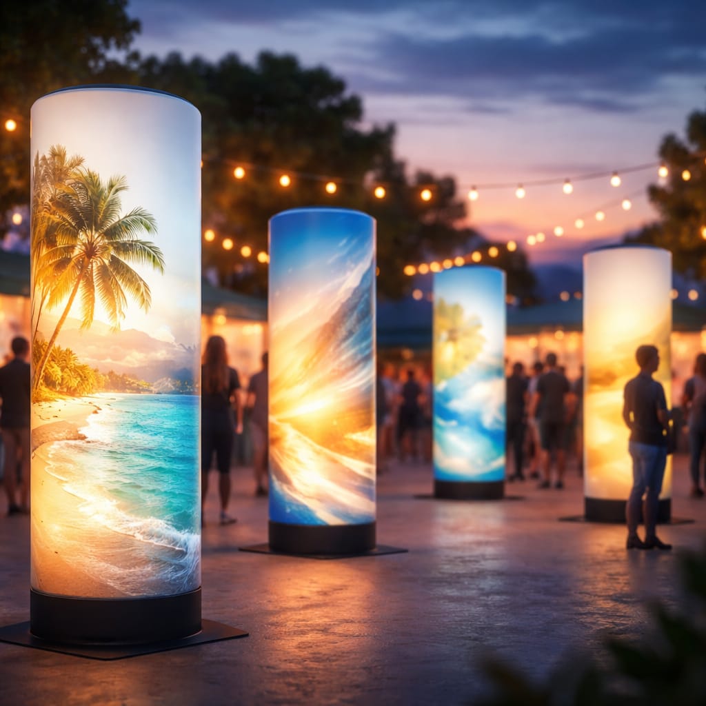 WaveLight Air Towers inflatable backlit towers creating a glowing trade show brand presence