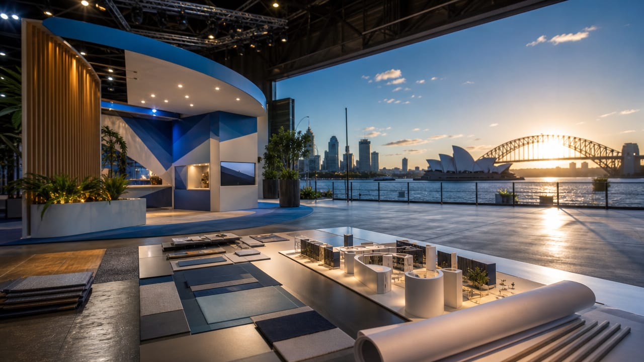 Modern exhibition stand planning with digital screens and product displays at an Australian trade show
