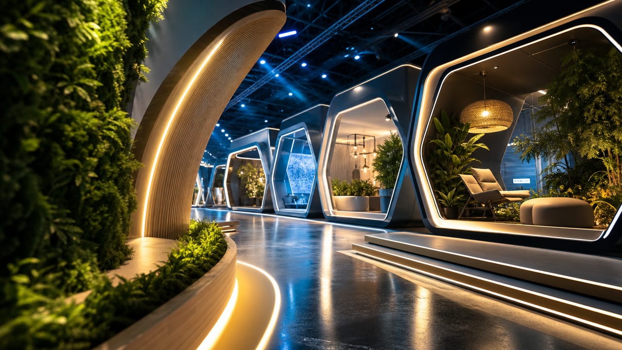 Australian exhibition stand featuring sustainable materials, digital displays and interactive visitor zones
