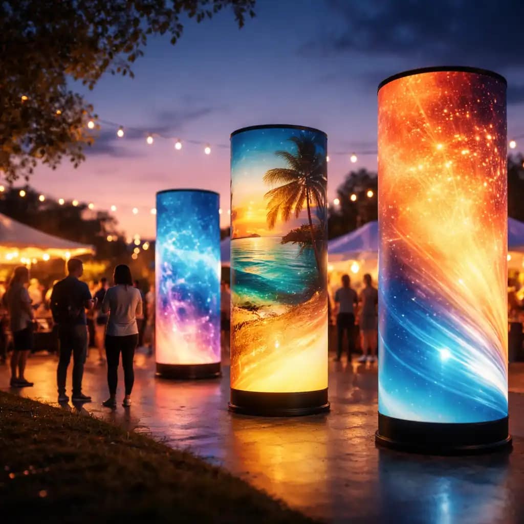 WaveLight Air Towers creating bright 360 degree illuminated event branding on a busy trade show floor