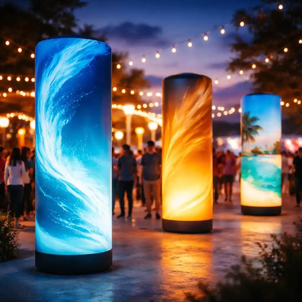 WaveLight Air Towers used as branded inflatable light towers at a busy trade show event