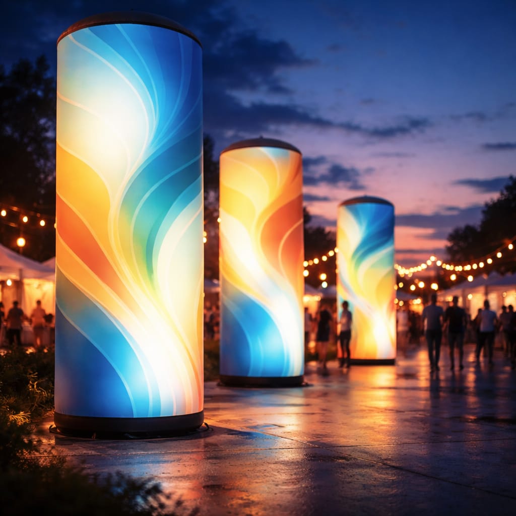 WaveLight Air Towers and other branded inflatable lighting towers glowing on a busy trade show floor