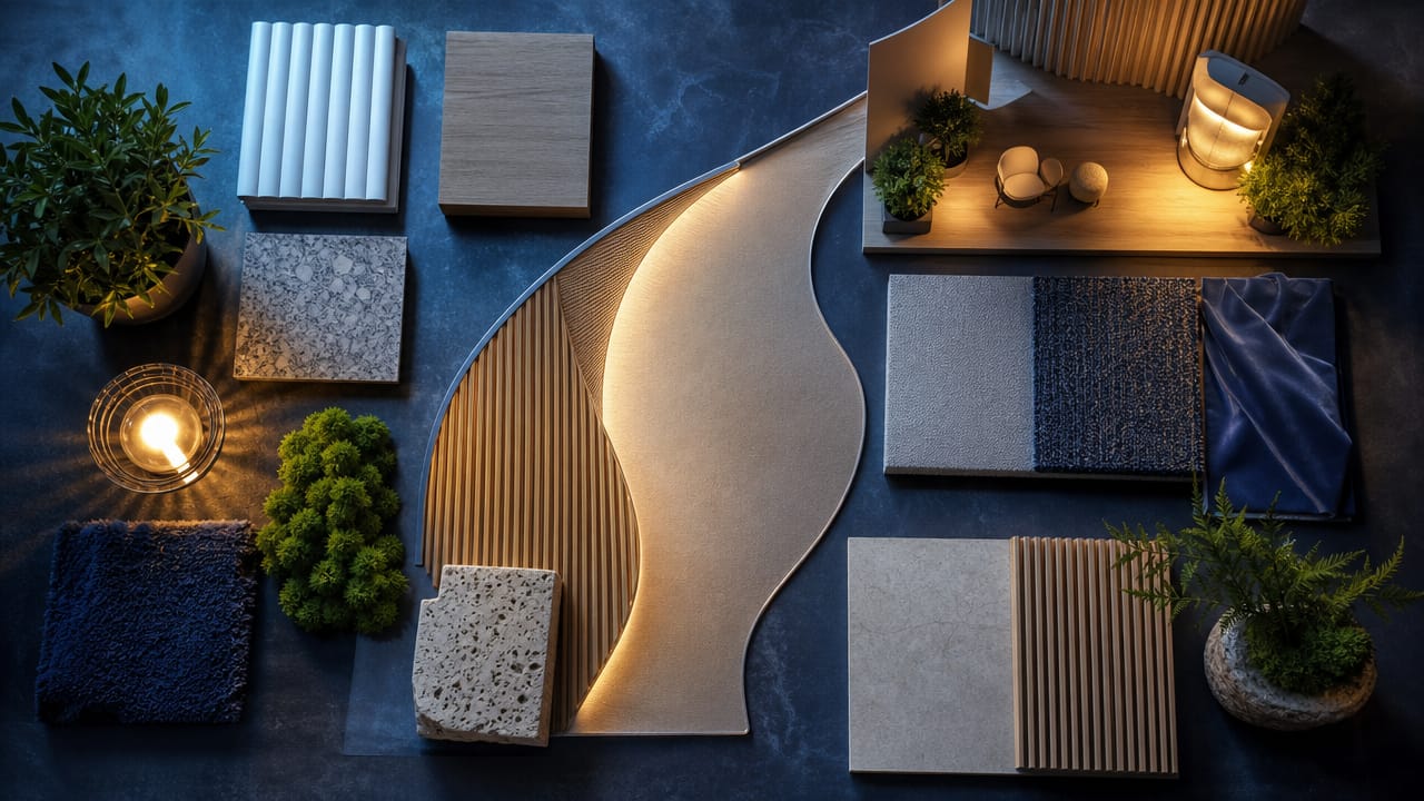 Textured exhibition stand surfaces with lighting highlight branding and guide visitor flow at a trade show
