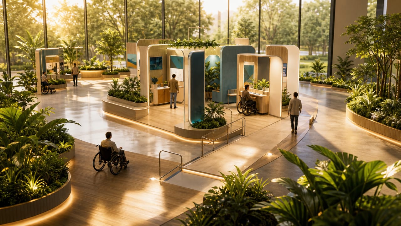 Visitors engaging with an accessible trade show stand design featuring clear paths and inclusive layout