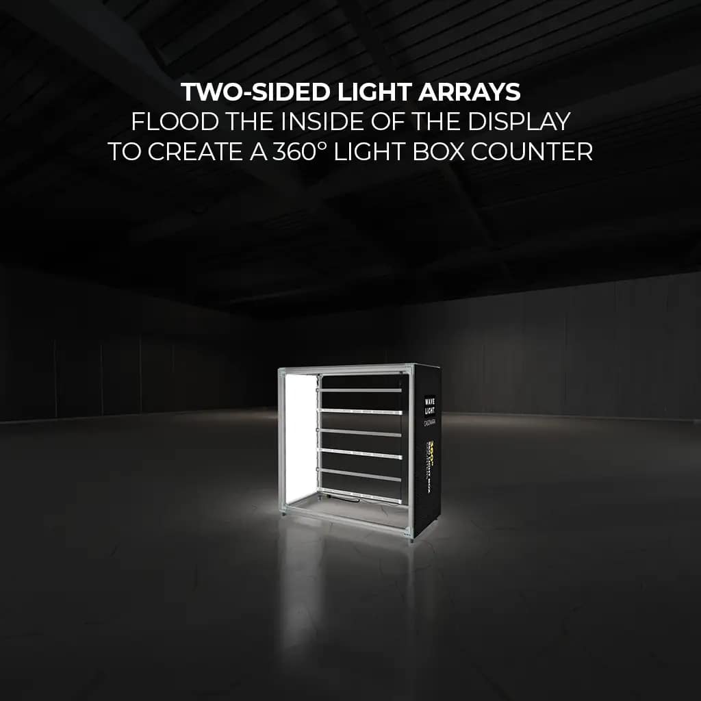 Illuminated WaveLight® Casonara Counter showcasing two-sided light arrays for enhanced visibility at exhibitions.