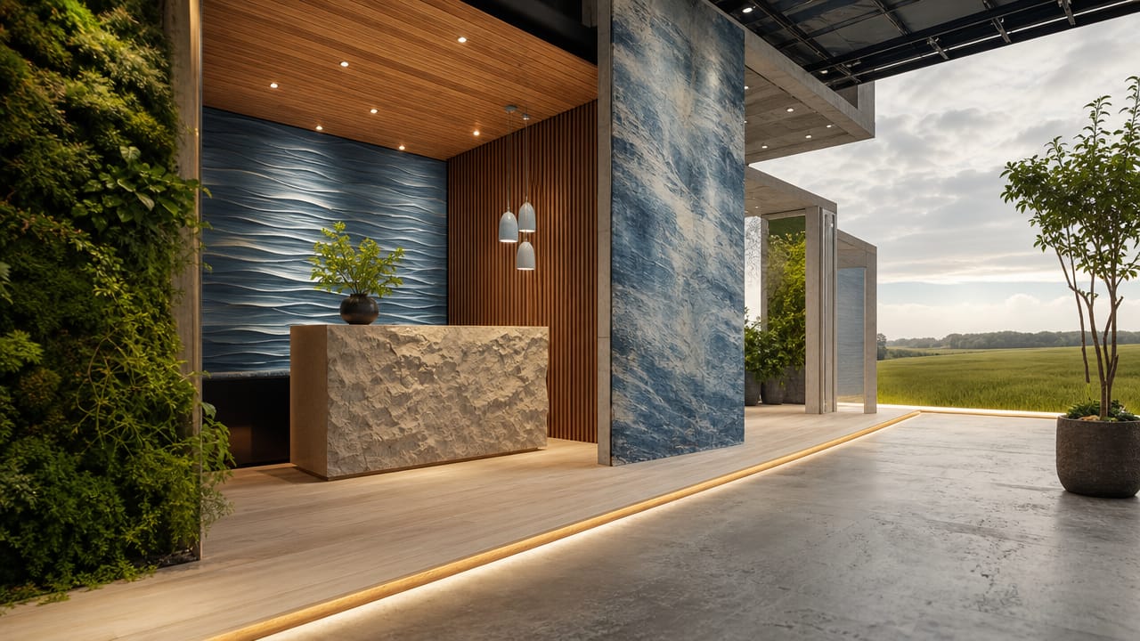 Australian shell scheme stand using layered textures, lighting and flooring to attract trade show visitors