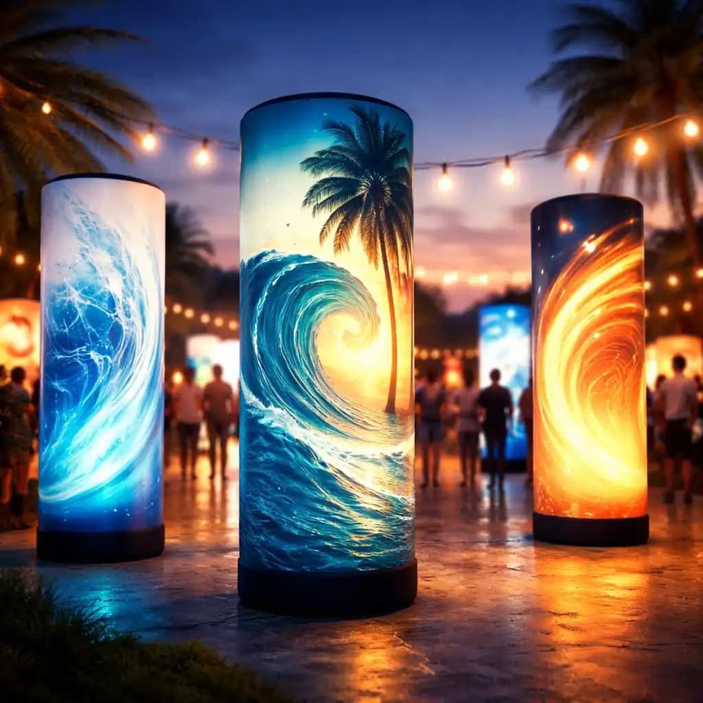 WaveLight Air Towers with LED lighting showcasing vibrant 360-degree trade show branding