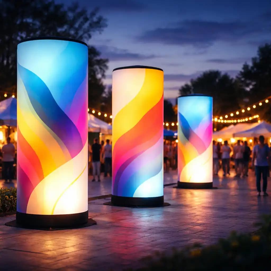WaveLight Air Towers with branded graphics creating illuminated 360 degree event marketing displays