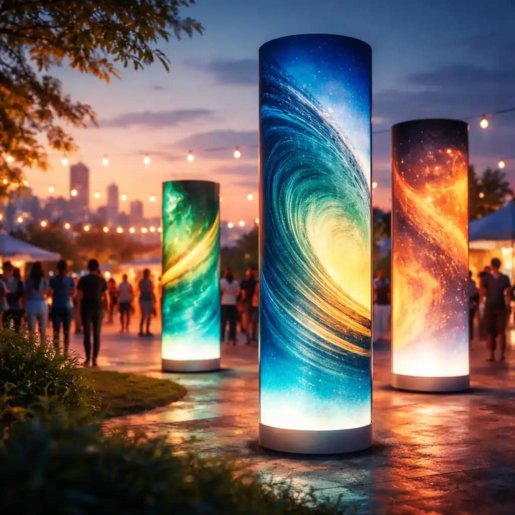 Trade show booth using WaveLight Air Towers as branded inflatable light towers for maximum visibility