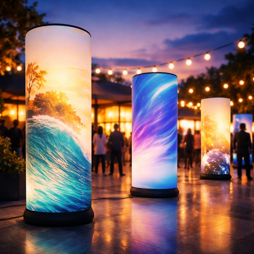 WaveLight Air Towers backlit inflatable towers at a 2026 trade show display