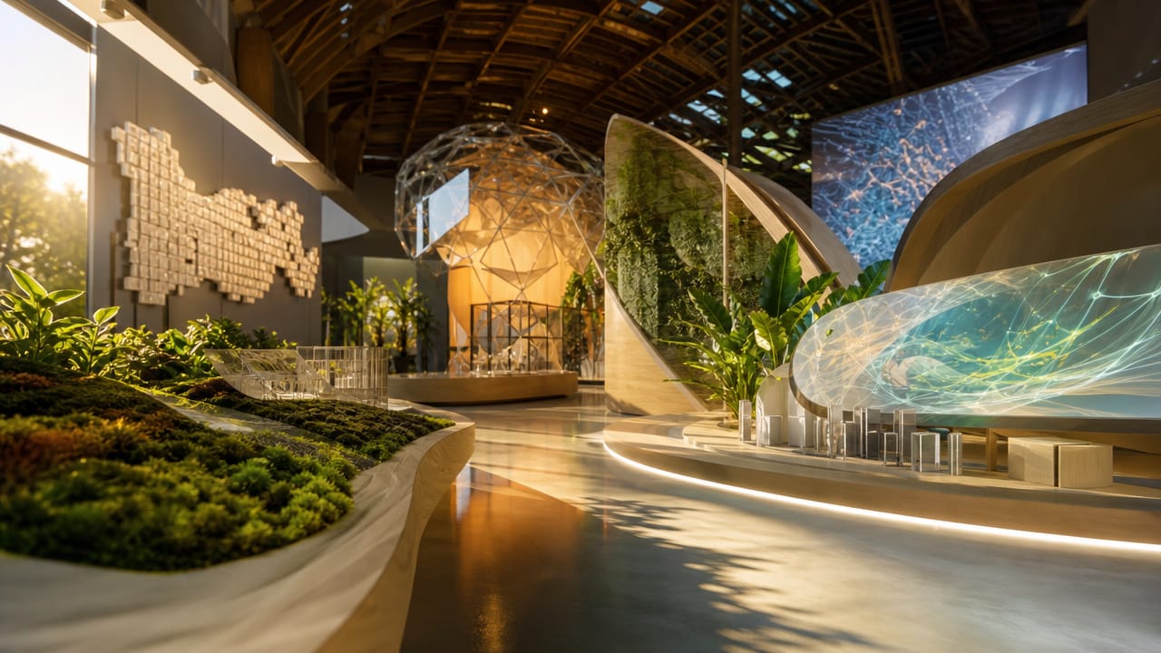Modern Australian exhibition stand with hybrid technology, sustainable materials and modular design for 2026 events