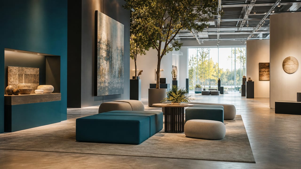 Modern Australian exhibition space with modular seating, open plan exhibition spaces and integrated display furniture