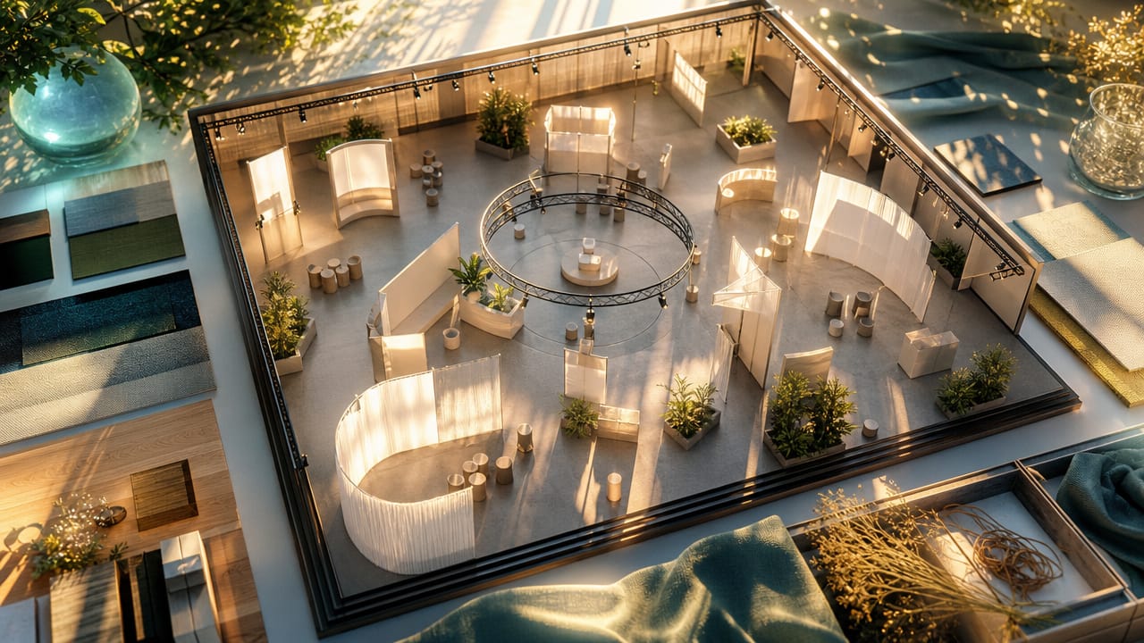Australian exhibition stand layout with branding, technology and visitor pathways planned for high engagement