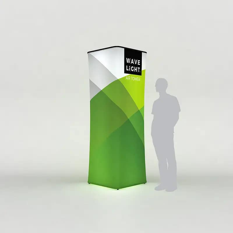 Illuminated WaveLight® Air Tower showcasing portable advertising solutions for impactful exhibition branding.