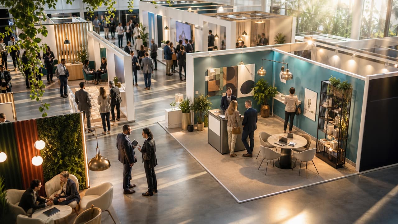 Australian trade show shell scheme stand with branded graphics and visitor engagement zone