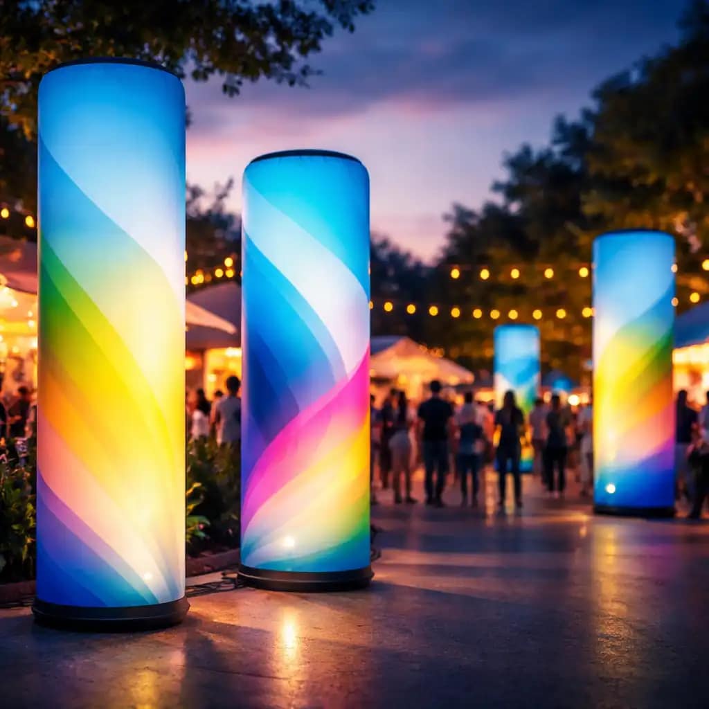 Trade show booth using illuminated inflatable displays with 360-degree backlit tower graphics to attract attendees