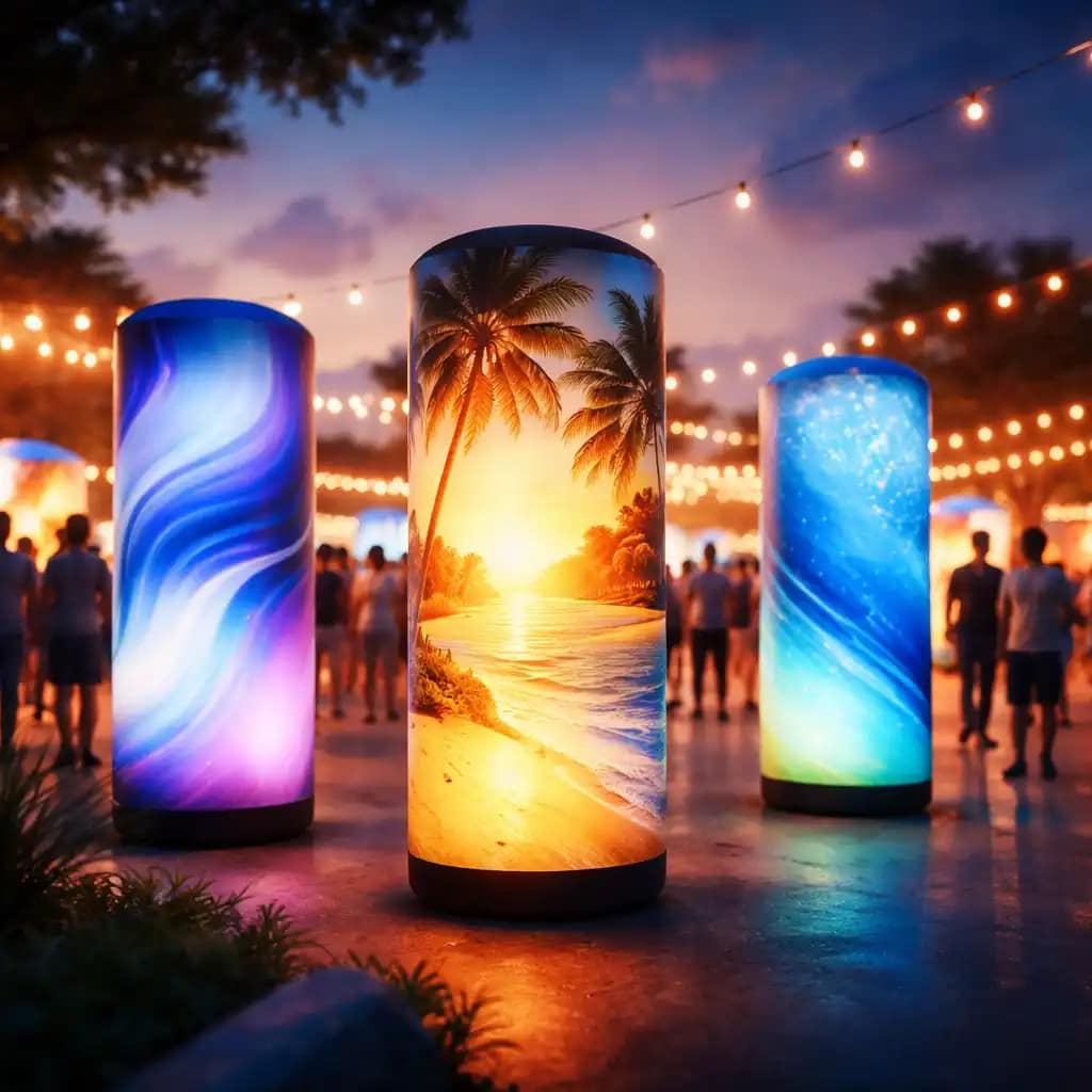 WaveLight Air Towers used as LED lit event branding towers to attract attendees at a busy trade show entrance