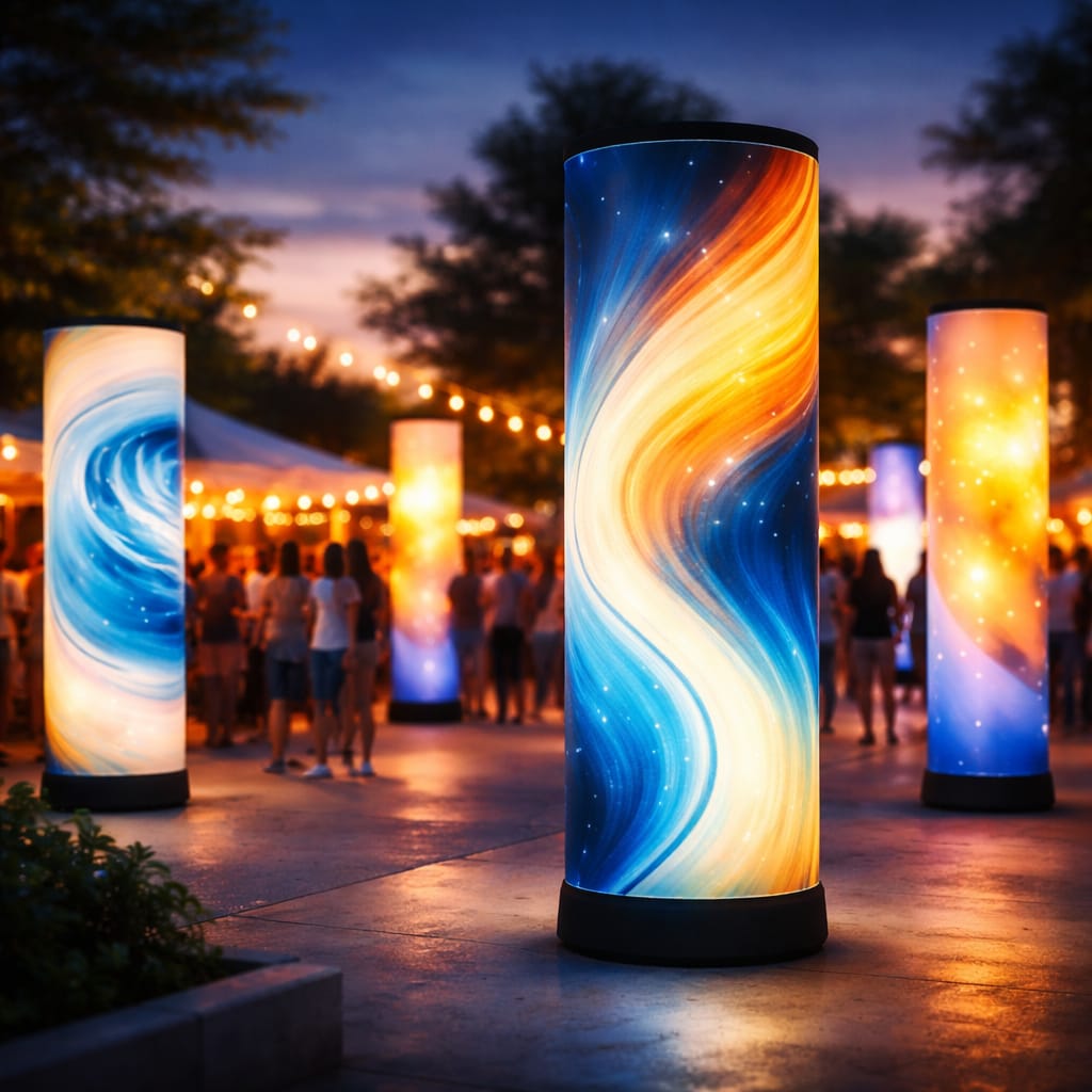 WaveLight Air Towers illuminated at an indoor event