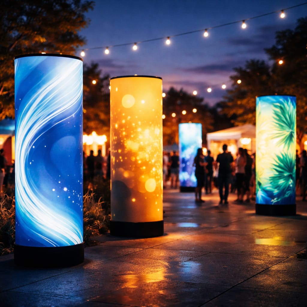 WaveLight Air Towers glowing at an indoor trade show