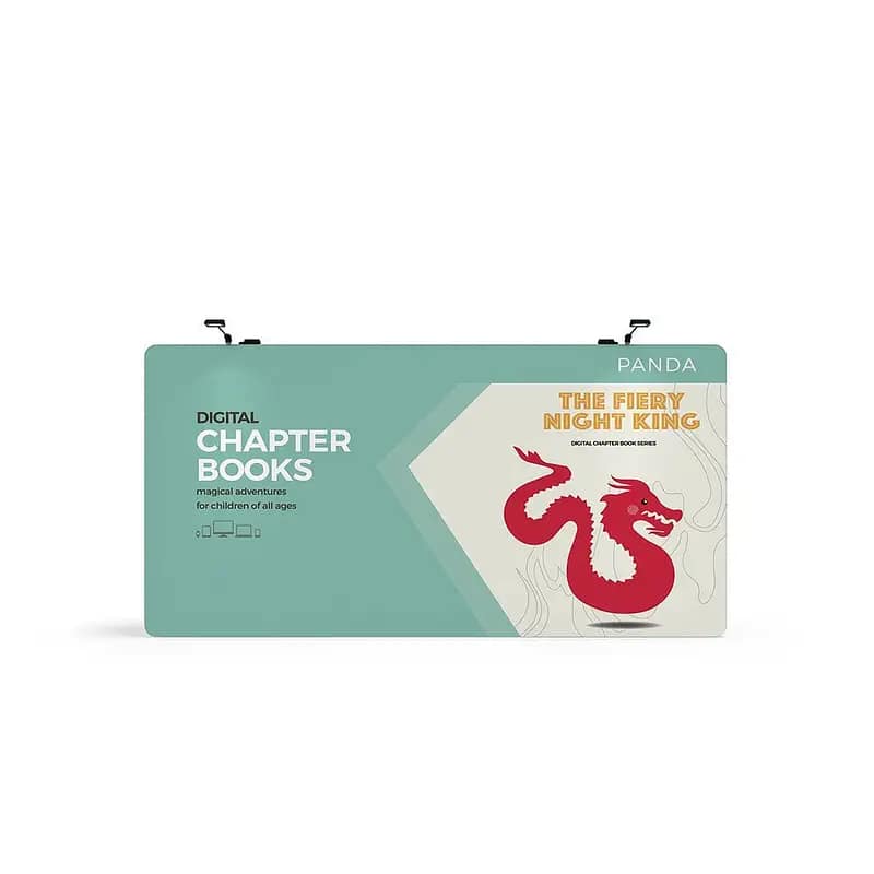 Custom fabric display showcasing digital chapter books, enhancing visibility for trade show booths with engaging visuals.