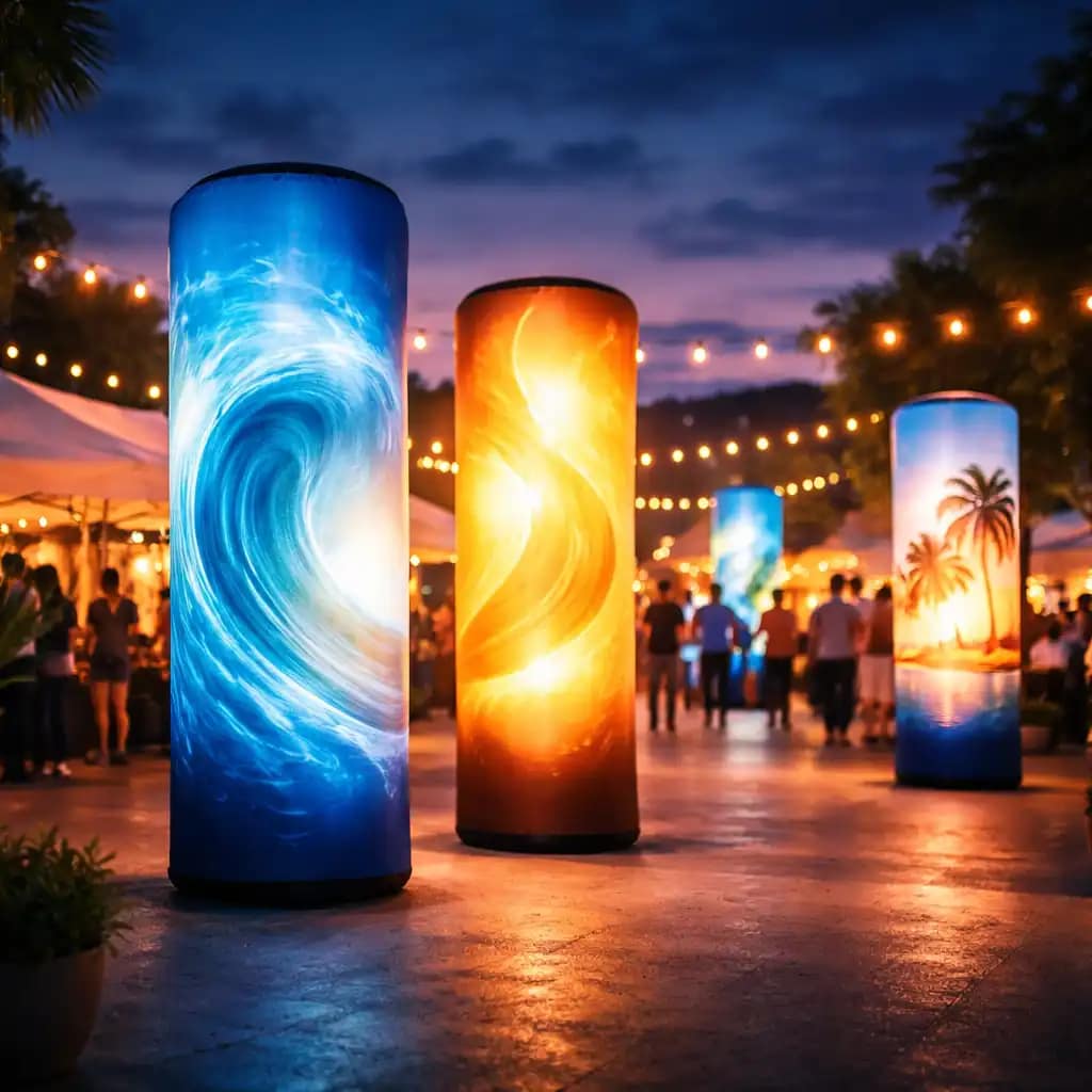 WaveLight Air Towers used as branded inflatable light columns at a busy trade show