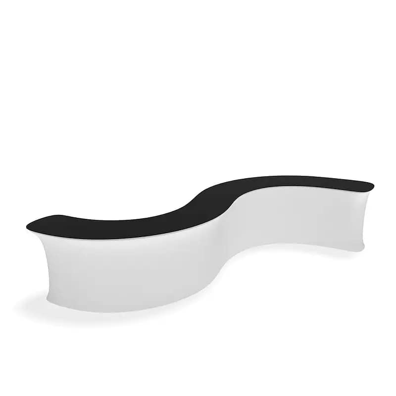 Sleek WaveLine® InfoDesk with a black top and white base, ideal for enhancing trade show engagement and branding.
